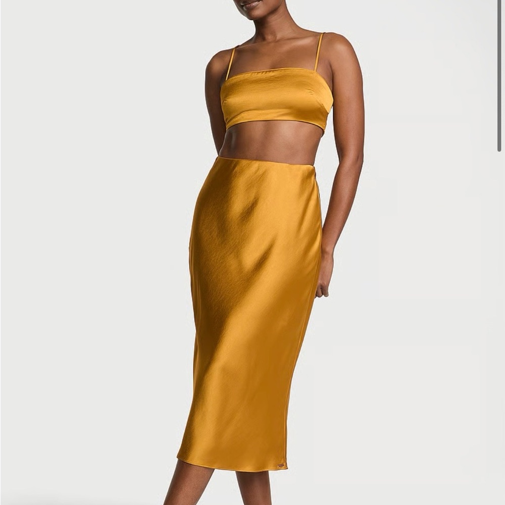 Satin Two-Piece Crop Top & Midi Skirt Set in Ganache (see second photo)